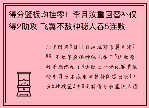 得分篮板均挂零！李月汝重回替补仅得2助攻 飞翼不敌神秘人吞5连败